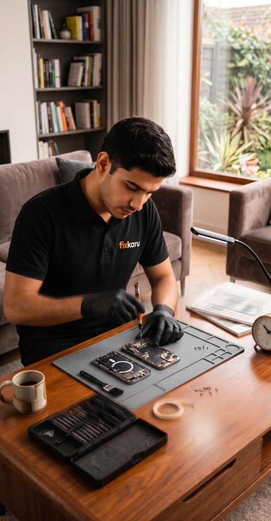Fixkaru technician performing doorstep phone repair